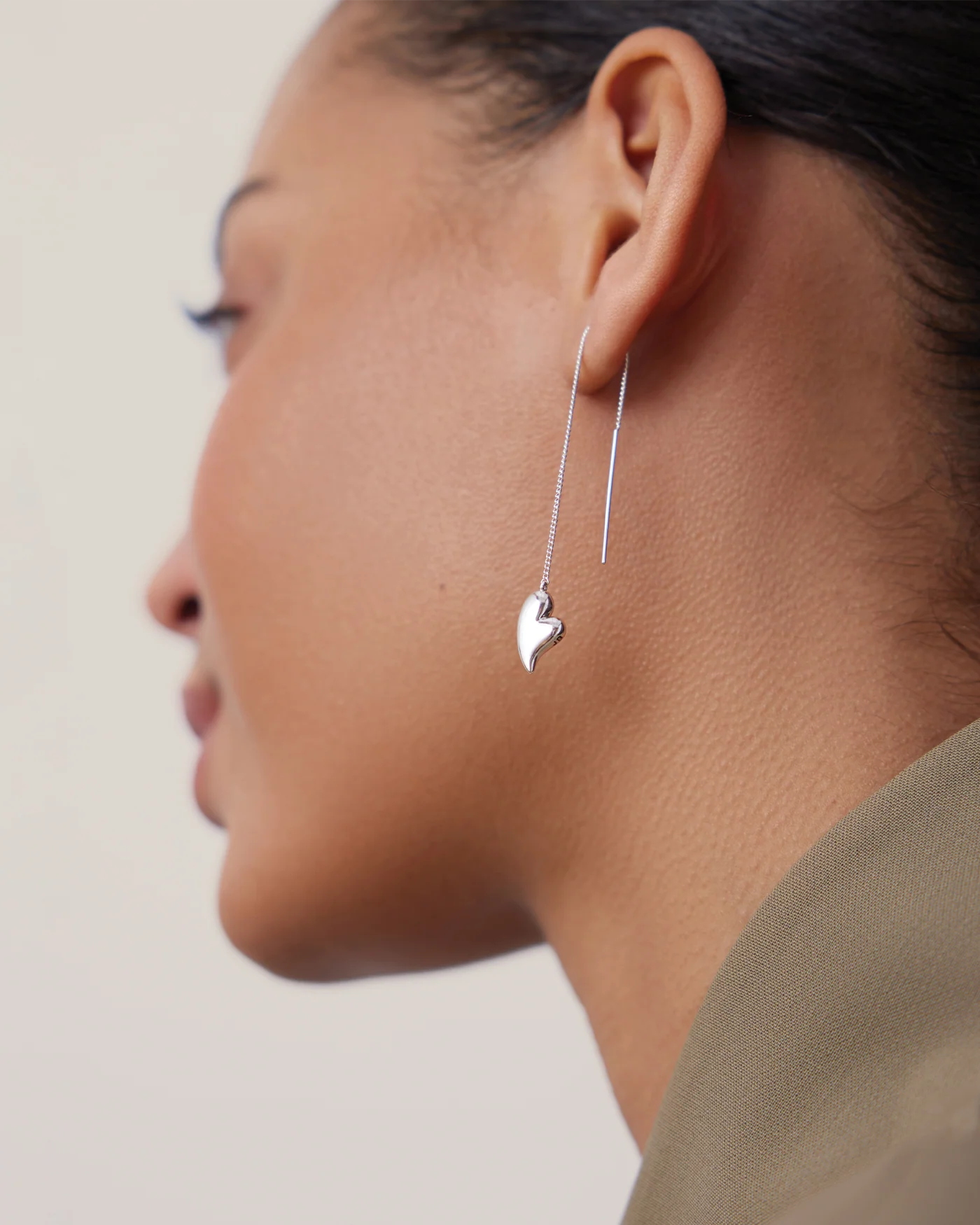 Puffy Heart Threader Earrings in Silver